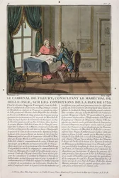 Cardinal de Fleury consults with Marechal de Belle-Isle on the conditions of the Peace, 1735, engraved by Jean Baptiste Morret, 1791